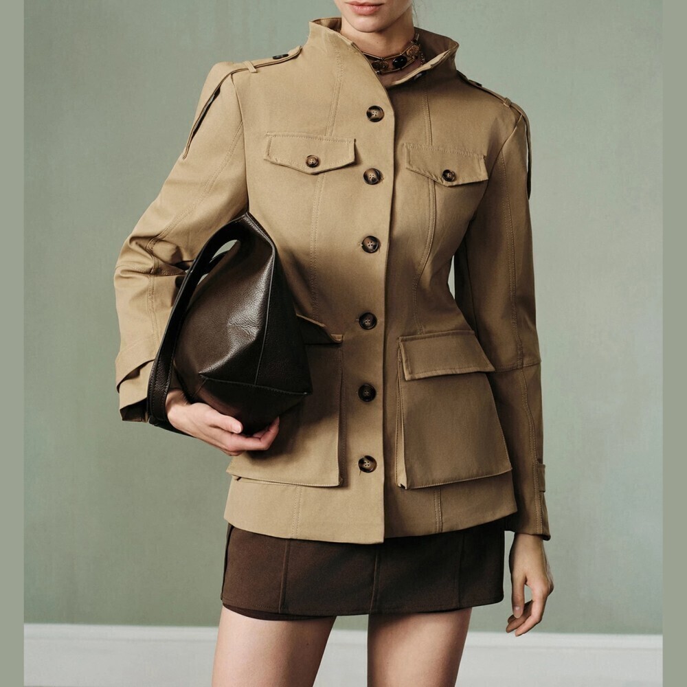 Tan Wide Stand Collar Multi-Pocket Safari Field Utility Jacket